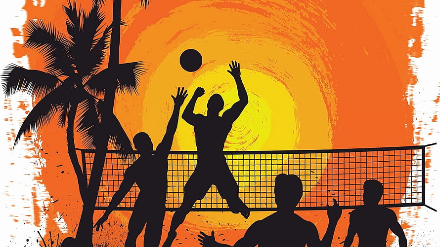 Silhouette Beach Volleyball Players at Sunset with Palm Trees and Net HD wallpaper