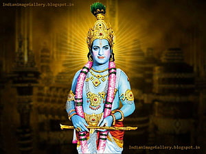 Lord Krishna in Traditional Indian Art with Golden Crown and Divine Halo HD wallpaper