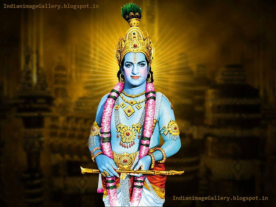 Lord Krishna in Traditional Indian Art with Golden Crown and Divine Halo HD wallpaper