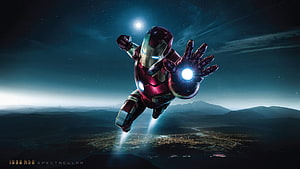 Iron Man flying over a city at night with glowing repulsor beams and a starry sky HD wallpaper