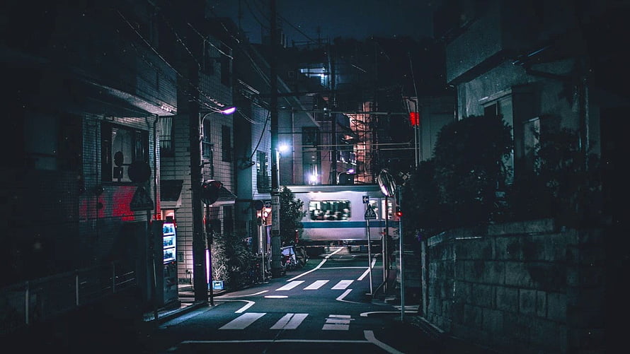 Moody Night Street in a Japanese Neighborhood with Train and Neon Lights HD wallpaper