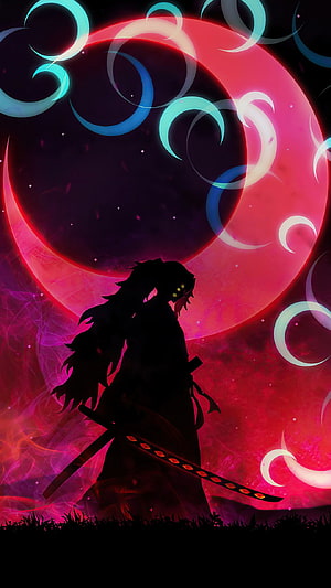 Demon Slayer Upper Moon One Silhouette Against Crimson Moon and Swirling Crescent Orbs HD phone wallpaper