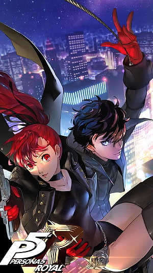 Persona 5 Royal Anime Artwork Featuring Joker and Ann Takamaki in a Neon Cityscape HD phone wallpaper
