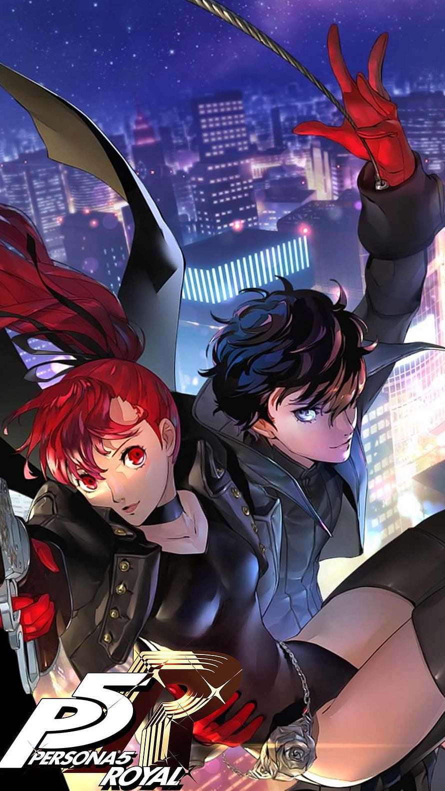 Persona 5 Royal Anime Artwork Featuring Joker and Ann Takamaki in a Neon Cityscape HD phone wallpaper