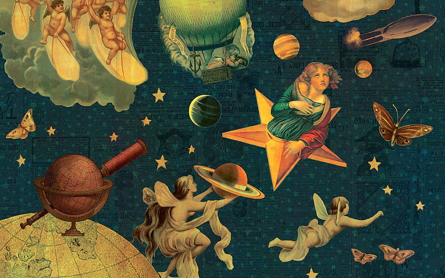 Mellon Collie and the Infinite Sadness album art collage with celestial figures and vintage celestial elements HD wallpaper