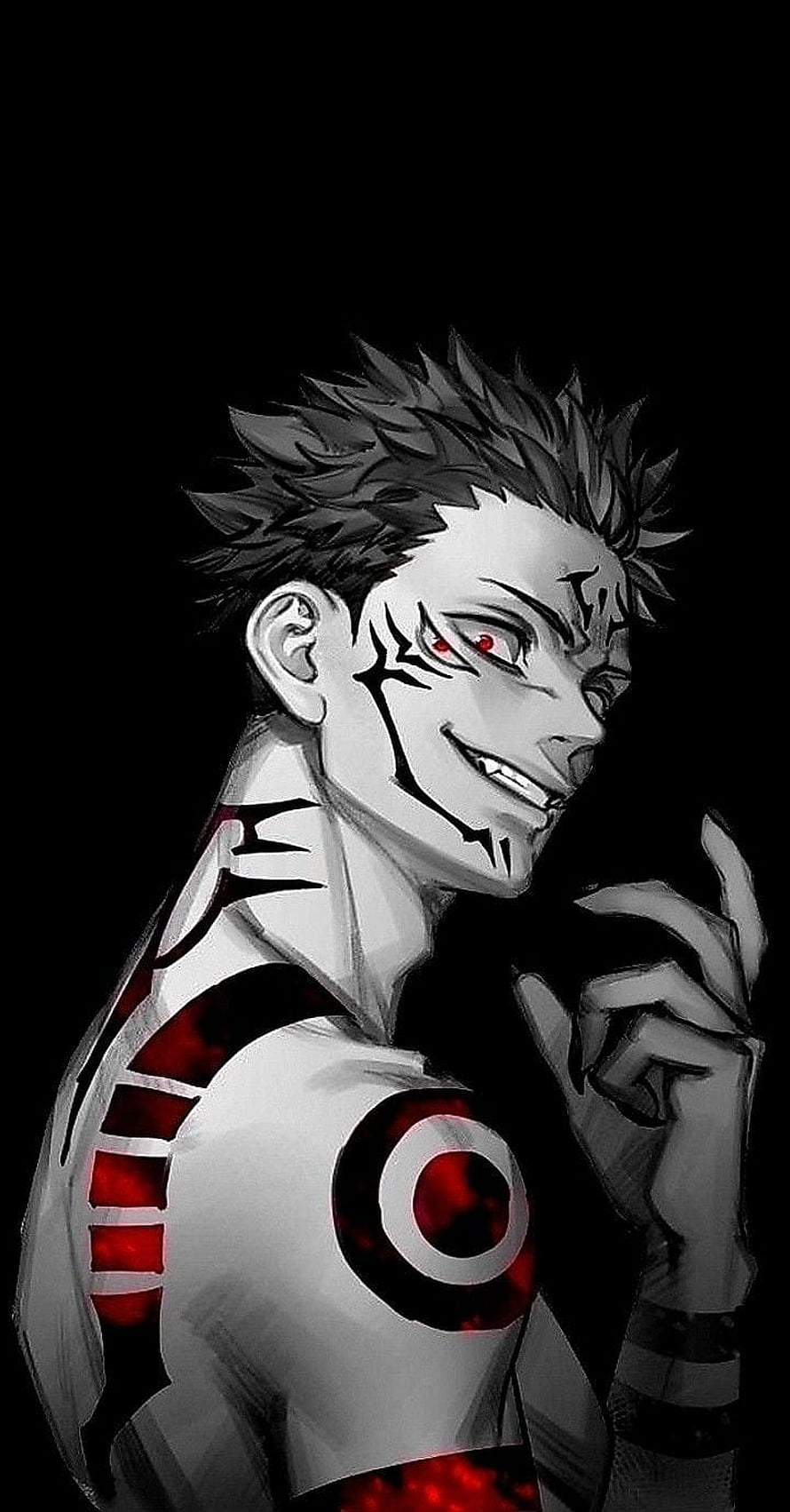 Sukuna from Jujutsu Kaisen in a dark monochrome anime portrait with red markings HD phone wallpaper