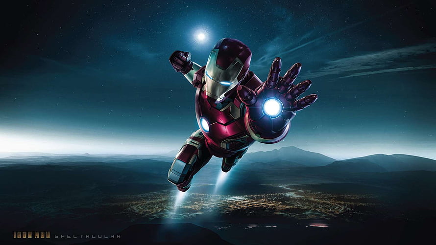 Iron Man Flying Over a Nighttime Cityscape with Glowing Repulsors and Arc Reactor HD wallpaper