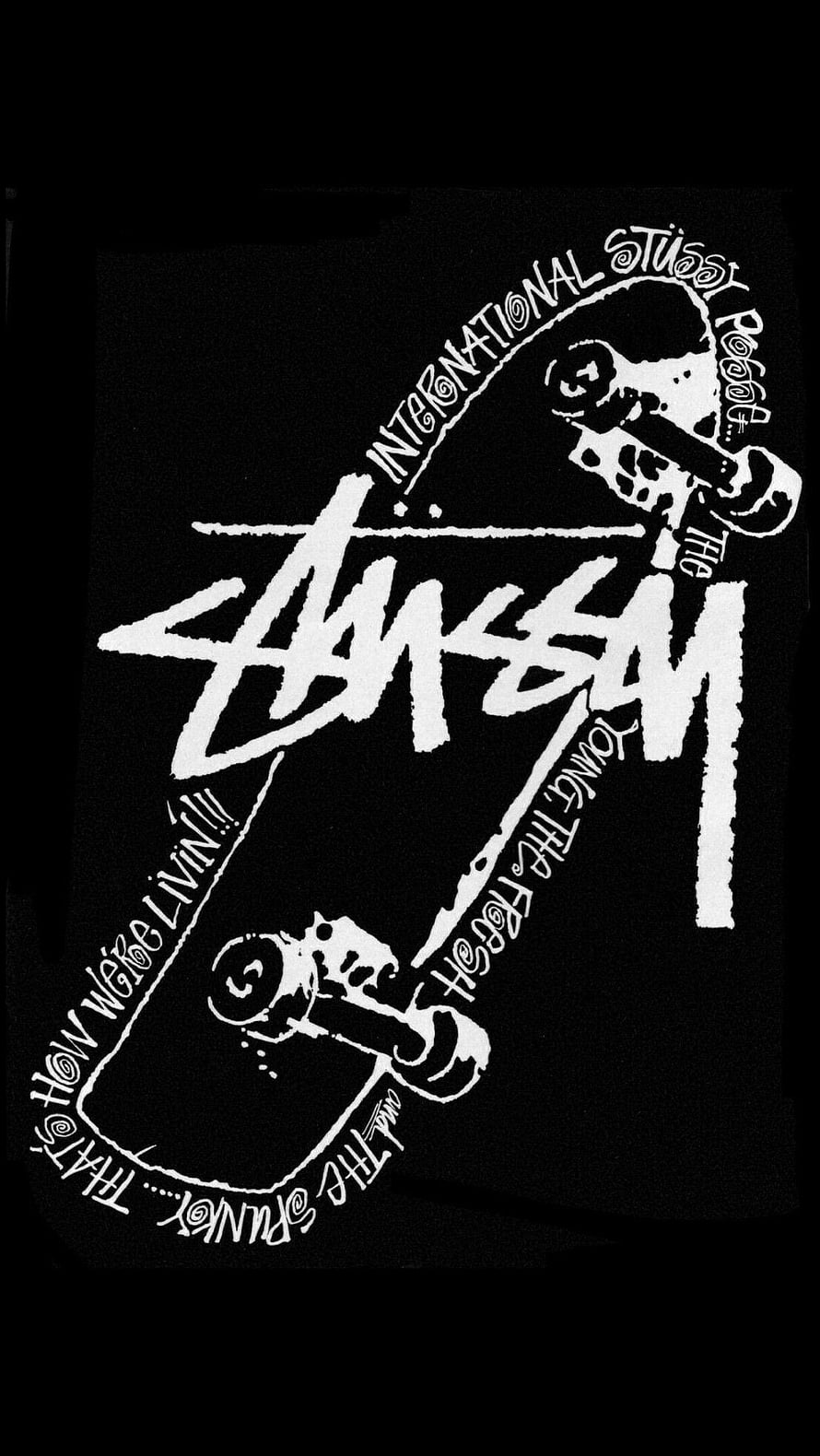 Stussy International Skateboard Graphic with Punk Rock Typography on Black Background HD phone wallpaper