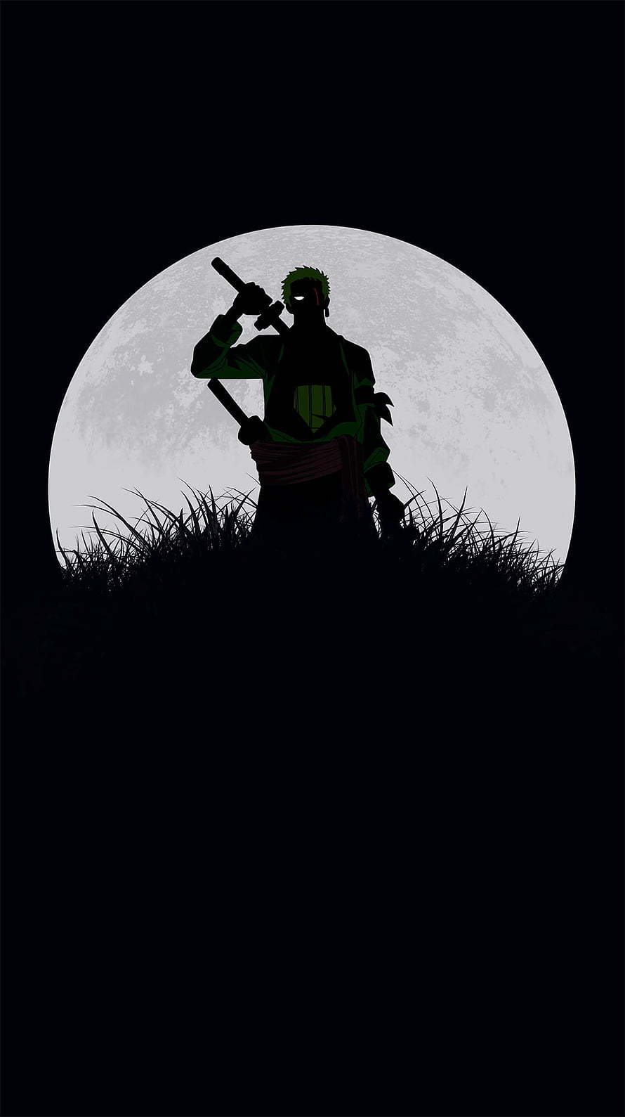 Roronoa Zoro Silhouette Against Full Moon in Dark Grass HD phone wallpaper