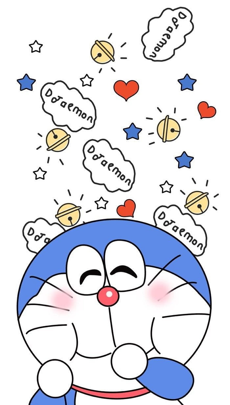 Cute Doraemon Cartoon Illustration with Stars, Hearts, and Clouds on White Background HD phone wallpaper