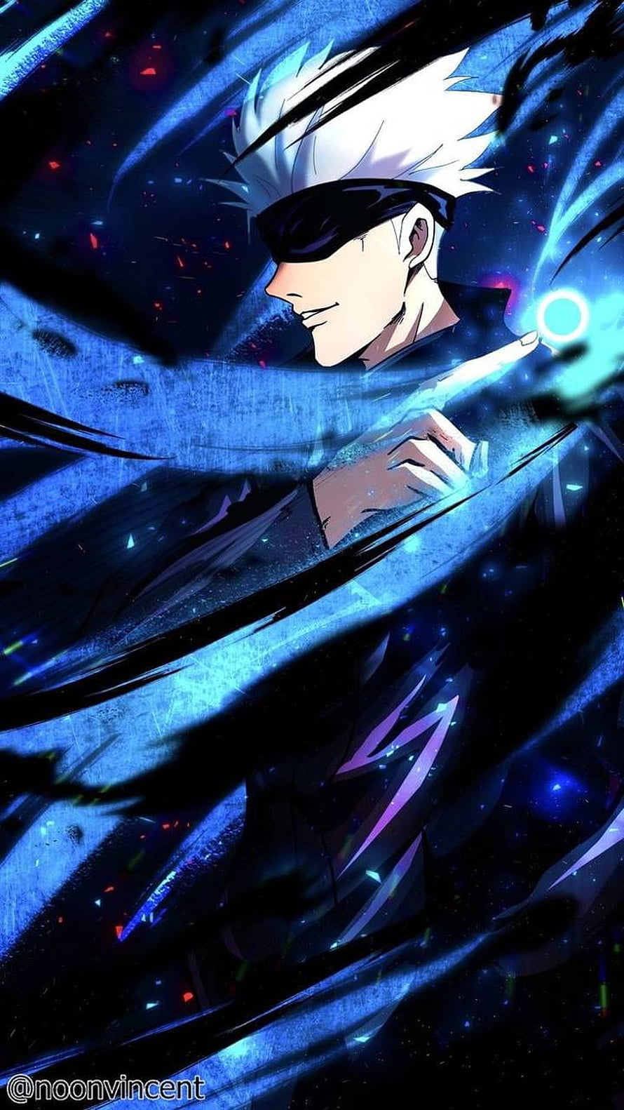 Gojo Satoru Anime Character with White Hair and Black Visor in Dynamic Blue Energy Pose HD phone wallpaper