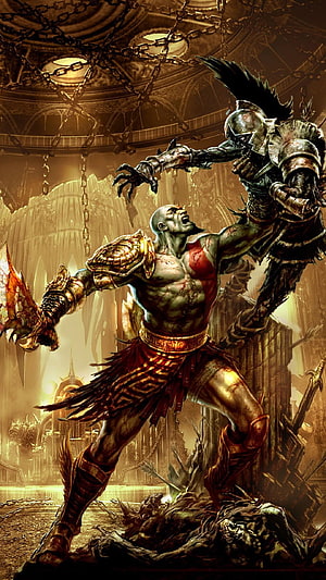 Kratos Wielding Blades of Exile in Epic God of War 3 Battle Scene HD phone wallpaper