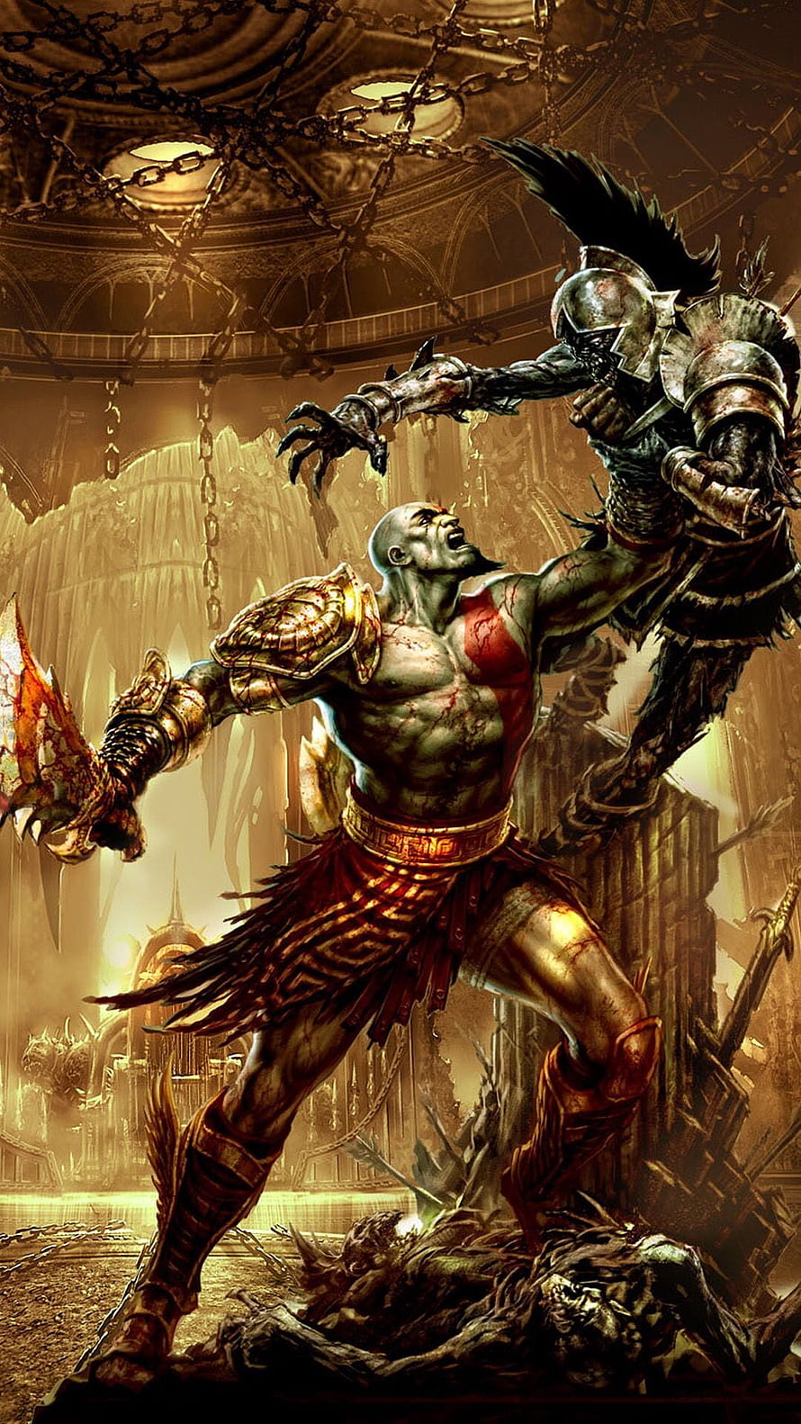 Kratos Wielding Blades of Exile in Epic God of War 3 Battle Scene HD phone wallpaper