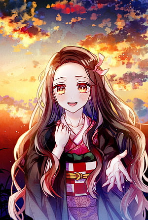 Kamado Nezuko in Traditional Kimono Against a Vibrant Sunset Sky HD phone wallpaper