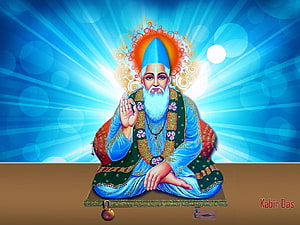 Sant Kabir Das Digital Art Portrait with Radiant Blue Background and Spiritual Aura HD wallpaper