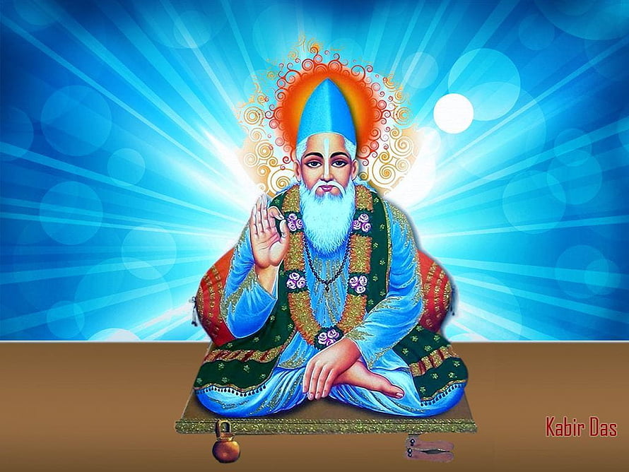 Sant Kabir Das Digital Art Portrait with Radiant Blue Background and Spiritual Aura HD wallpaper