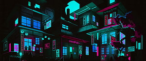 Cyberpunk Cityscape with Neon Signs and Dark Buildings at Night HD wallpaper