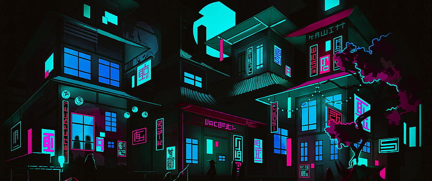 Cyberpunk Cityscape with Neon Signs and Dark Buildings at Night HD wallpaper