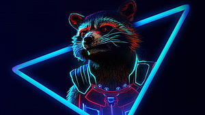 Rocket Raccoon in Futuristic Armor with Neon Blue Triangle Frame HD wallpaper