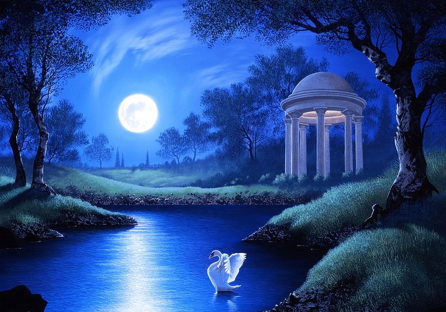 Serene Moonlit Night Scene with Swan on River and Classical Gazebo HD wallpaper