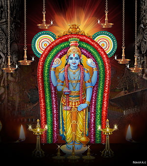 Guruvayurappan Krishna Devotee Artwork with Flower Garland and Oil Lamps HD phone wallpaper