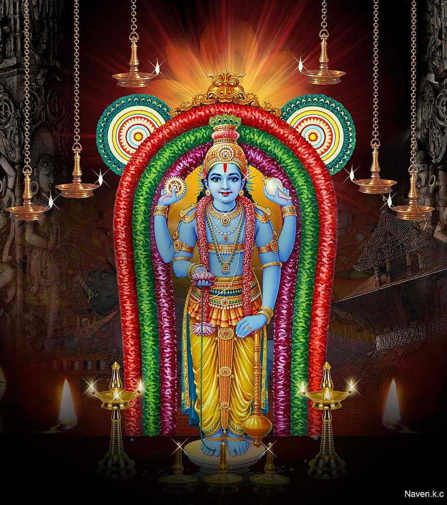 Guruvayurappan Krishna Devotee Artwork with Flower Garland and Oil Lamps HD phone wallpaper