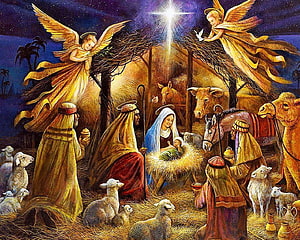 Traditional Nativity Scene with Angels, Shepherds, and the Holy Family in a Stable HD wallpaper