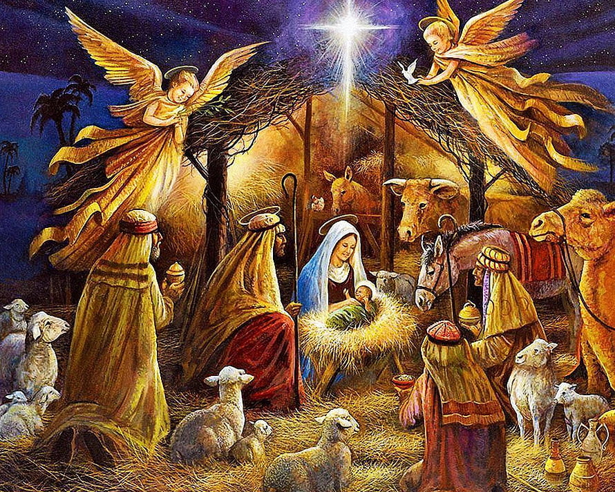 Traditional Nativity Scene with Angels, Shepherds, and the Holy Family in a Stable HD wallpaper