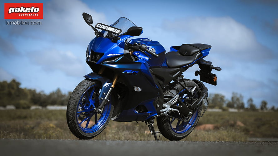 Yamaha R15 V4 Blue Sport Motorcycle Parked on Open Road HD wallpaper
