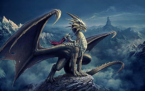 Armored Knight Riding a Majestic Dragon on a Mountain Peak HD wallpaper