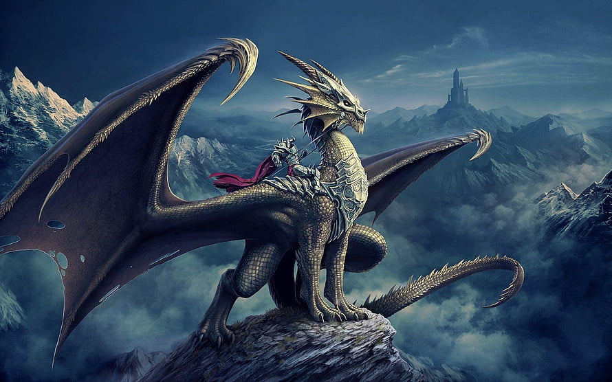 Armored Knight Riding a Majestic Dragon on a Mountain Peak HD wallpaper