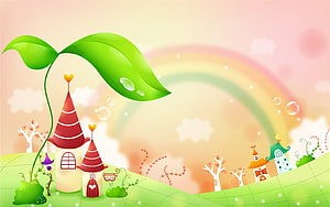 Whimsical Cartoon Village with Rainbow and Giant Green Leaf HD wallpaper