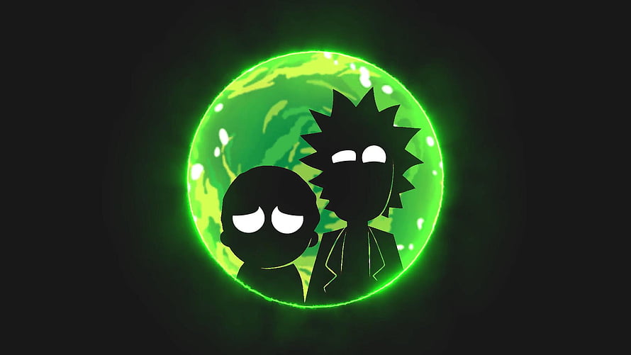 Rick and Morty Silhouettes Against Glowing Green Planet on Dark Background HD wallpaper