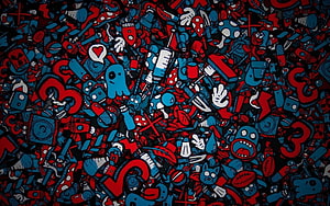 Dense Doodle Pattern with Red Blue and Black Cartoon Icons and Abstract Shapes HD wallpaper