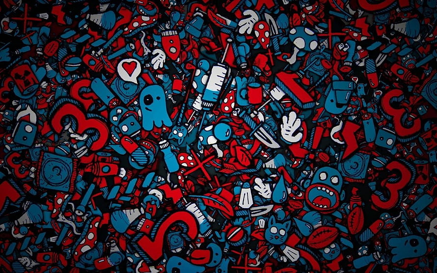 Dense Doodle Pattern with Red Blue and Black Cartoon Icons and Abstract Shapes HD wallpaper