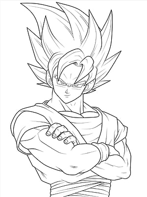 Goku Super Saiyan Line Art Sketch with Crossed Arms and Spiky Hair HD phone wallpaper