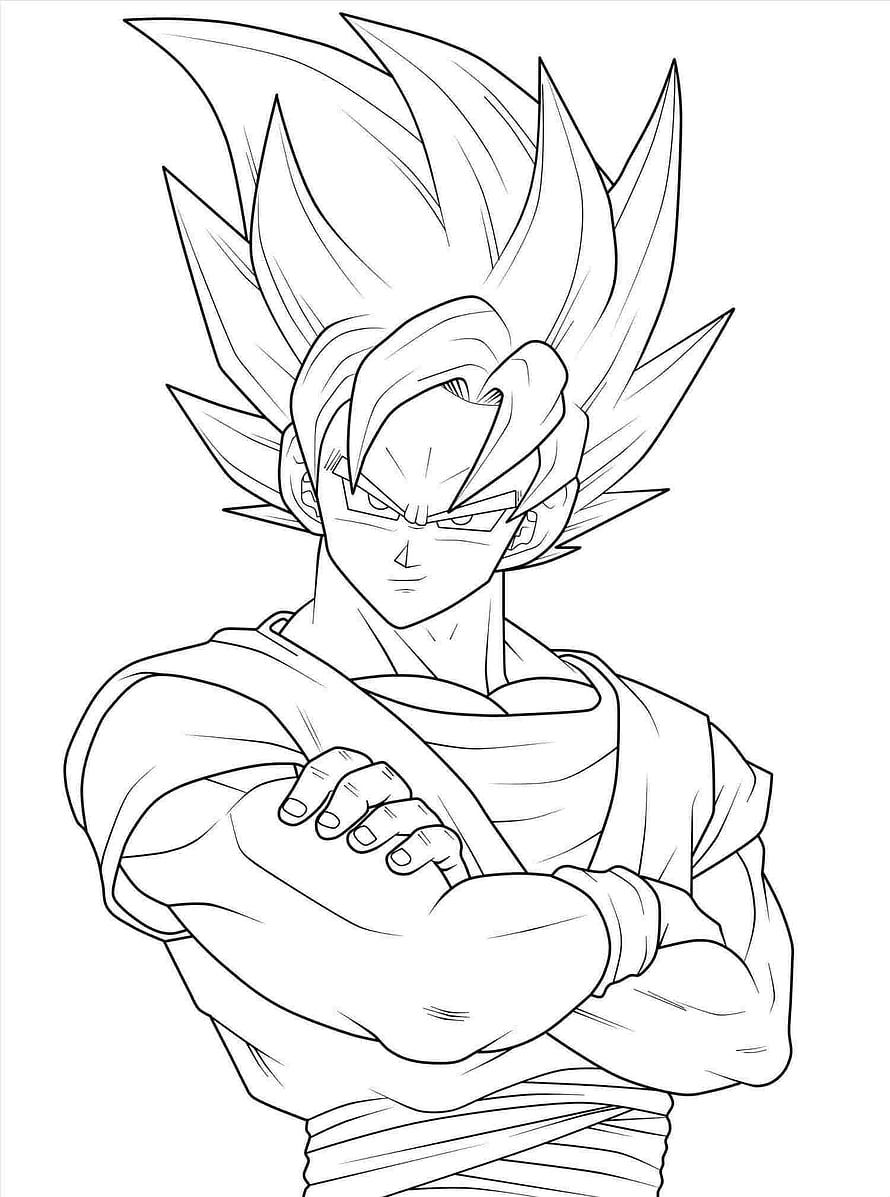 Goku Super Saiyan Line Art Sketch with Crossed Arms and Spiky Hair HD phone wallpaper