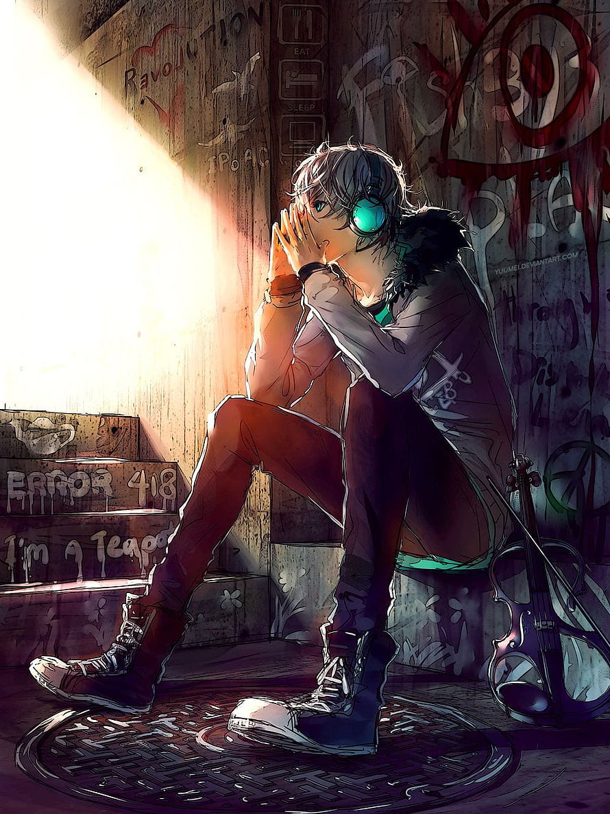 Wenqing Yan Anime Boy Sitting Alone in Graffiti Alley with Violin and Headphones HD phone wallpaper