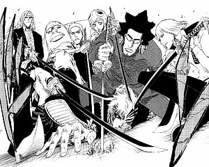 Bleach Manga Panel: Kurosaki Ichigo and Vizard Squad Confrontation HD wallpaper