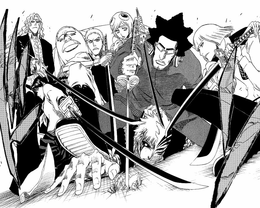 Bleach Manga Panel: Kurosaki Ichigo and Vizard Squad Confrontation HD wallpaper