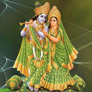 Radha Krishna Playing Flute in Green Sarees with Peacock Crown and Gold Jewelry HD phone wallpaper