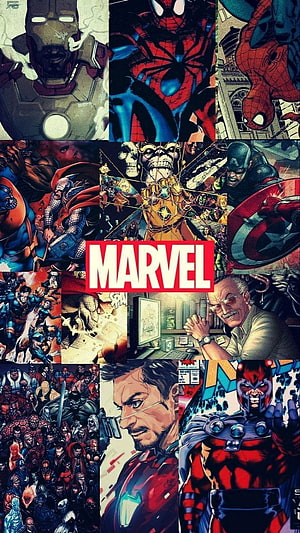Retro Marvel Comics Collage Featuring Iron Man, Spider-Man, Captain America, and Doctor Doom HD phone wallpaper