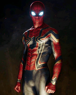 Iron Spider Armor Concept Art with Glowing Eyes and Gold Accents HD phone wallpaper