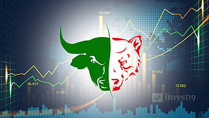 Stock Market Bull and Bear Silhouette with Financial Charts and Candlestick Graphs HD wallpaper
