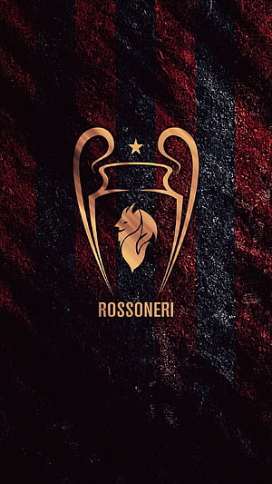 AC Milan Rossoneri Gold Lion Crest on Dark Red and Black Striped Background HD phone wallpaper