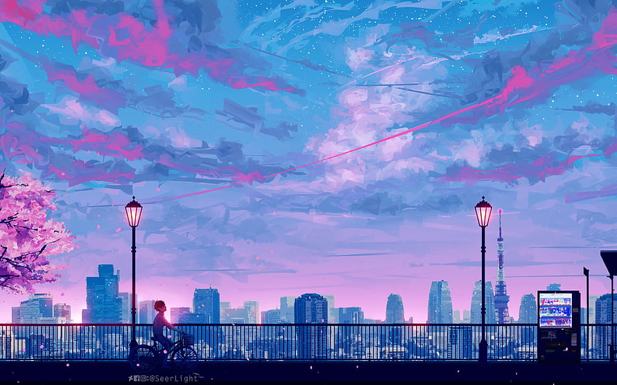 Dreamy Anime Cityscape with Tokyo Tower and Cherry Blossoms at Dusk HD wallpaper