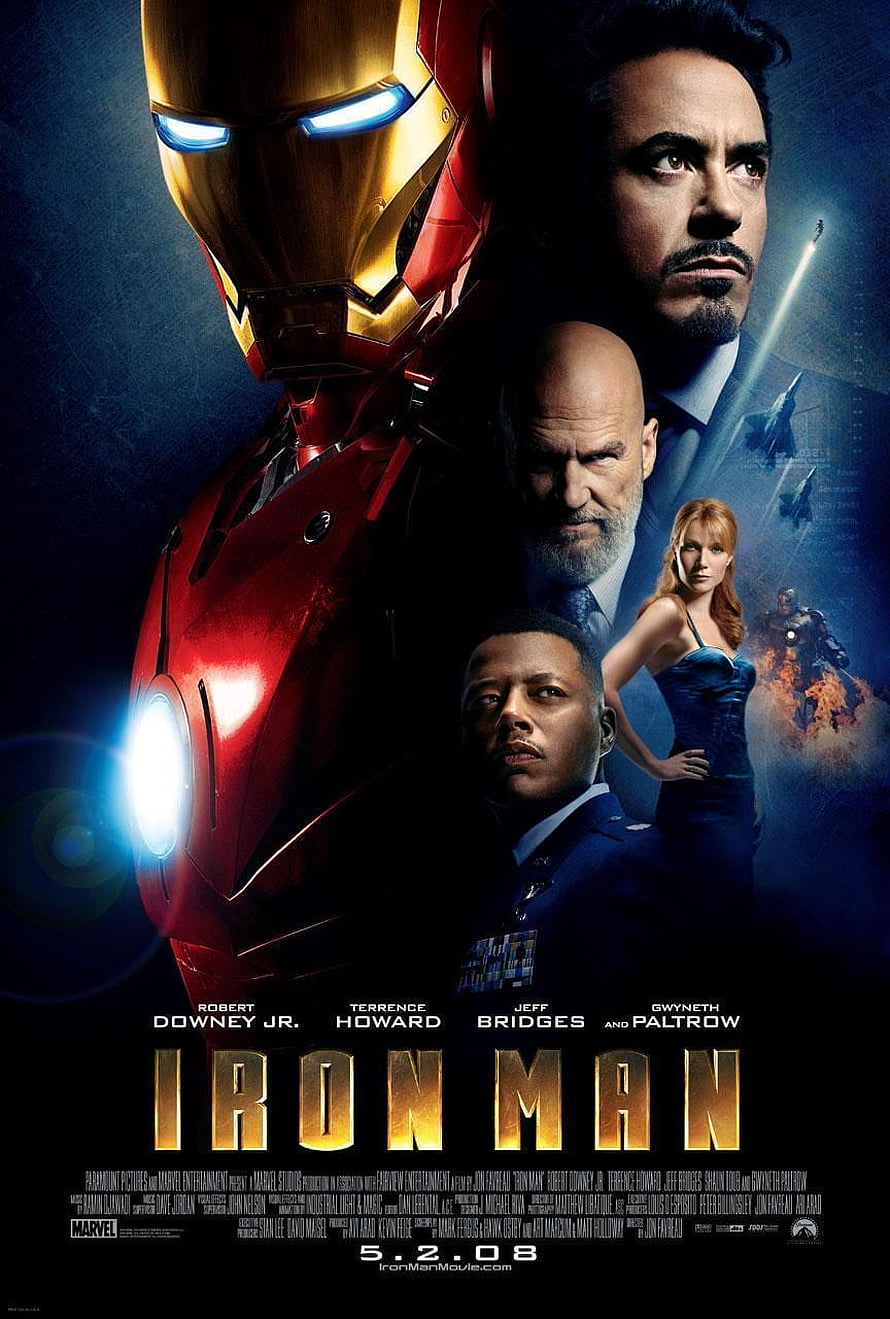 Iron Man Movie Poster Featuring Tony Stark in Red and Gold Armor with Cast Portraits HD phone wallpaper