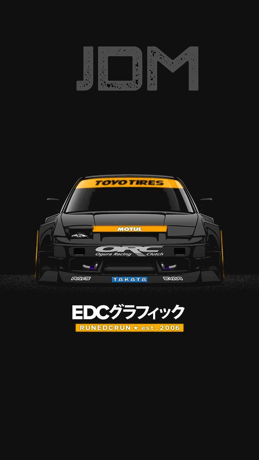 JDM Racing Car Front View with Toyo Tires and Motul Sponsorship on Black Background HD phone wallpaper