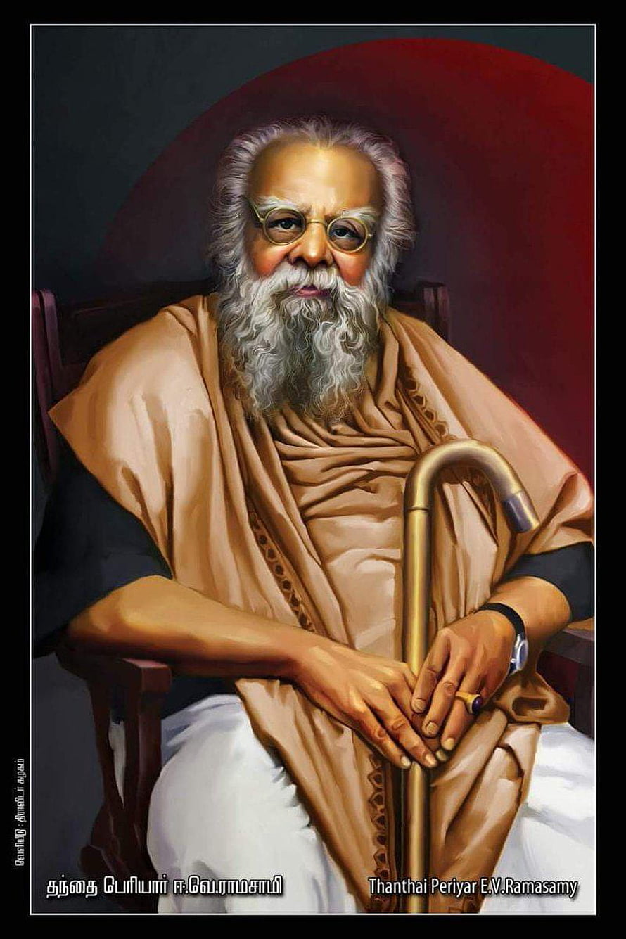 Painted Portrait of Thanthai Periyar E.V. Ramasamy Seated with Cane and Traditional Dhoti HD phone wallpaper
