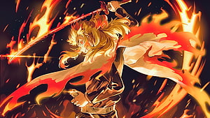 Kyojuro Rengoku Wielding Flame Katana in Dynamic Anime Action Scene HD wallpaper